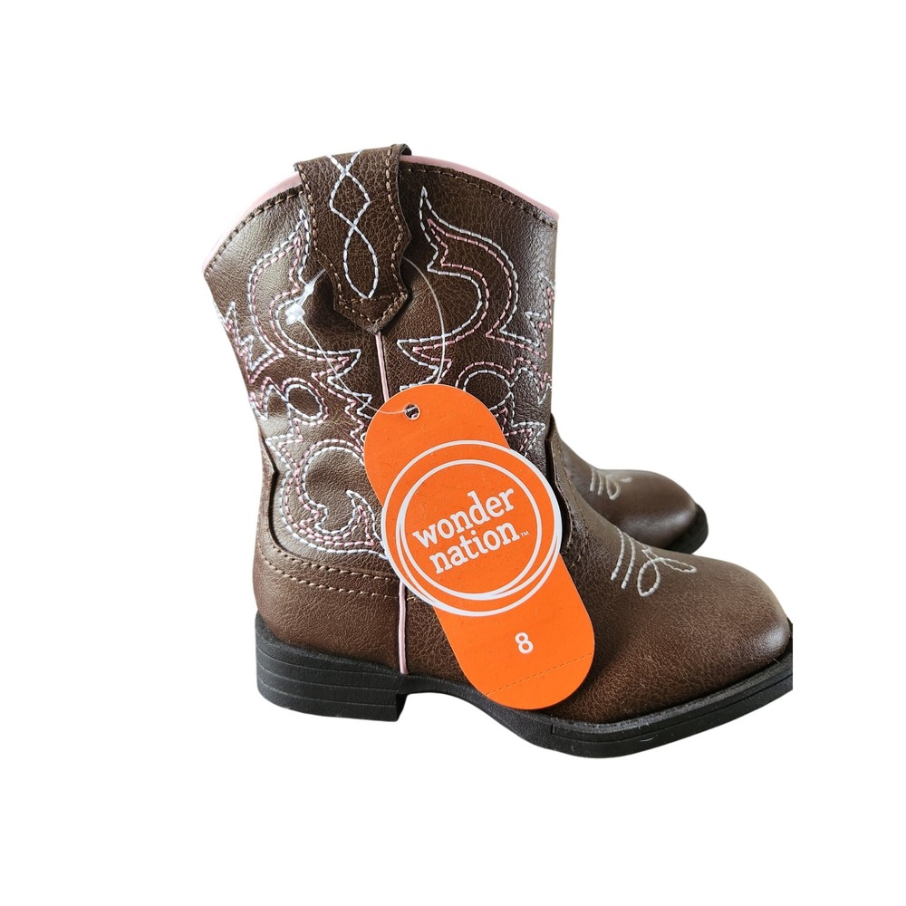 Wonder Nation Toddler Girls Brown Western Cowboy Boots Pink Stitching Size 8 NWT